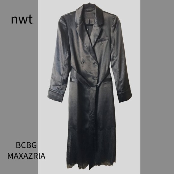 NEW NWT Black BCBGMAXAZRIA Satin Trench Coat with Lace Bottom, SZ XS - Picture 1 of 7